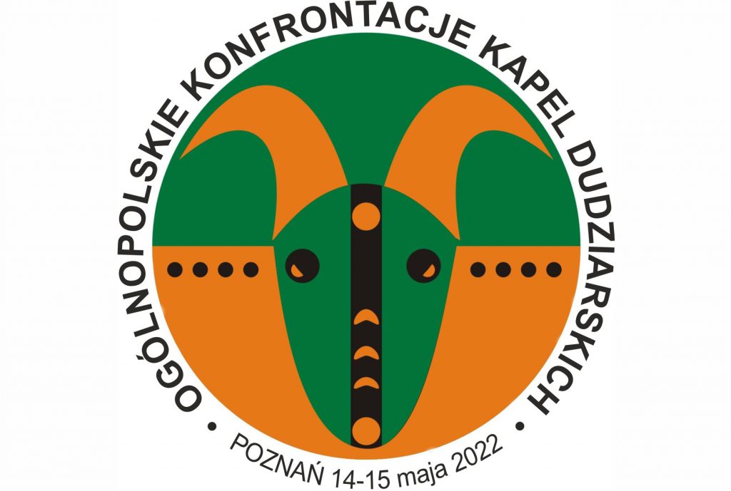 zielono-pomarańczowe logo konfrontacji z tekstem: Ogólnopolskie Konfrontacje Kapel Dudziarskich