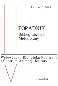 okładka Poradnika Bibliograficzno-Metodycznego nr 1/2020; z lewej strony dwie czerwone linie łączące się na dole oraz tekst: Wojewódzka Biblioteka Publiczna i Centrum Animacji Kultury