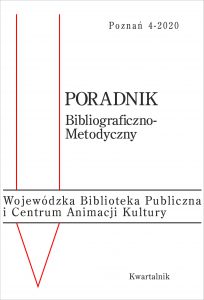 okładka Poradnika Bibliograficzno-Metodycznego nr 4/2020; z lewej strony dwie czerwone linie łączące się na dole oraz tekst: Wojewódzka Biblioteka Publiczna i Centrum Animacji Kultury