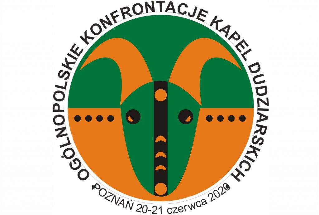 grafika: zielonopomarańczowe okrągłe logo z czarnym napisem dookoła Ogólnopolskie Konfrontacje Kapel Dudziarskich Poznań 20-21 czerwca 2020