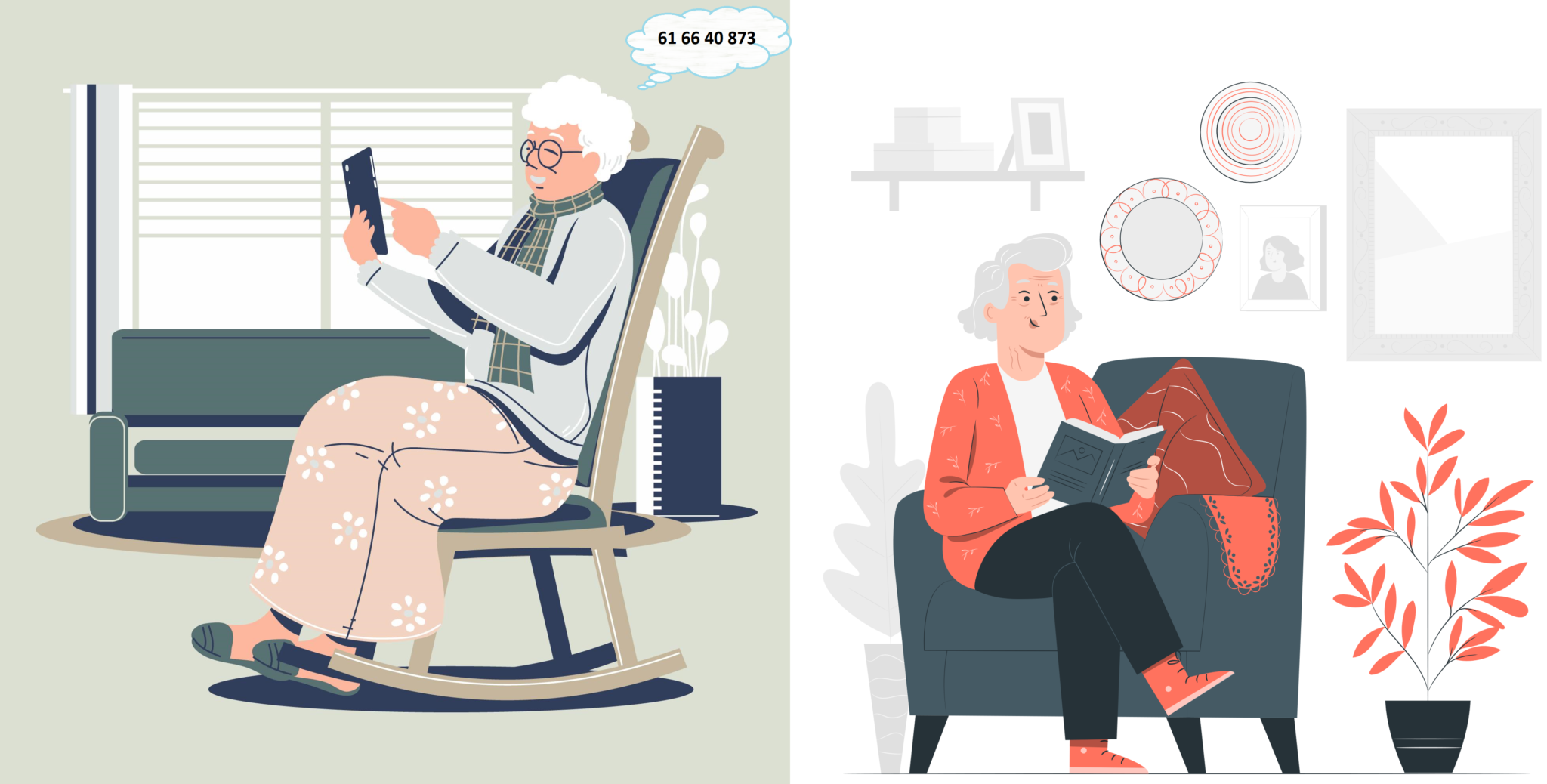dwie grafiki obok siebie: na jednej starsza osoba siedzi w fotelu i trzyma w ręce telefon, obok numer: 61 66 40 873; na drugiej starsza osoba siedzi w fotelu i trzyma w rękach otwartą książkę