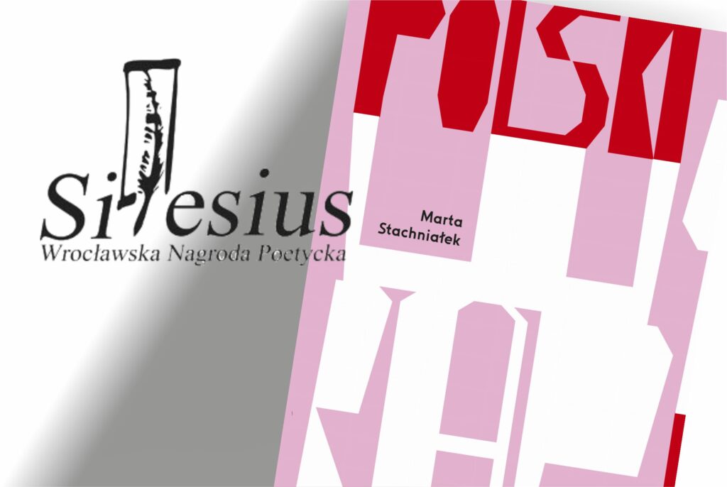 logo z tekstem: Silesius Wrocławska Nagroda Poetycka oraz różowobiała okładka książki