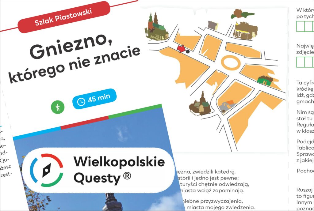 fragmenty ulotki z mapką i napisem: Gniezno, którego nie znacie oraz logo Wielkopolskie Questy