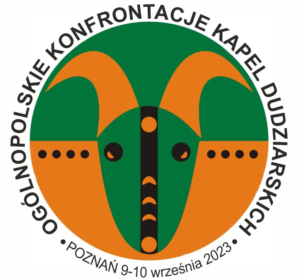 tekst w kole: Ogólnopolskie Konfrontacje Kapel Dudziarskich Poznań 9-10 września 2023; w środku logo imprezy