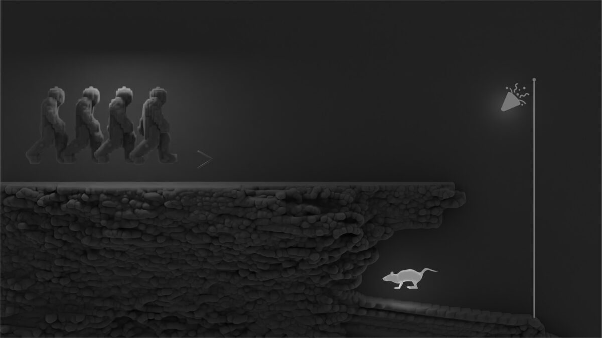 Grafika promująca wystawę. Czarno-białe tło, na którym widoczne są cztery idące postaci. Po prawej stronie grafiki rysunek lampy ulicznej, poniżej rysunek szczura.