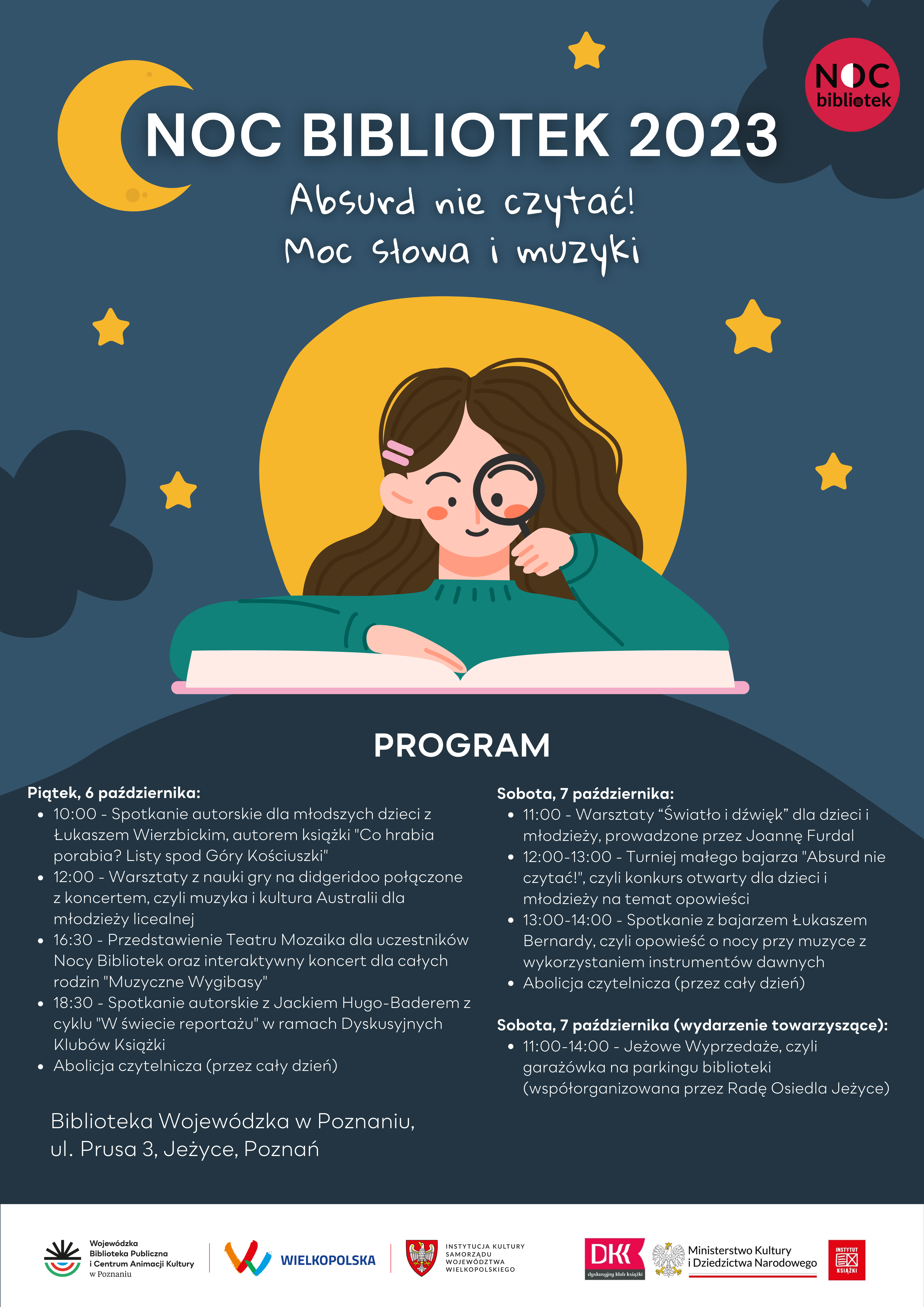 Plakat promujący wydarzenie Noc Bibliotek 2023, grafika przedstawia dziewczynkę czytającą książkę, tekst jak w artykule