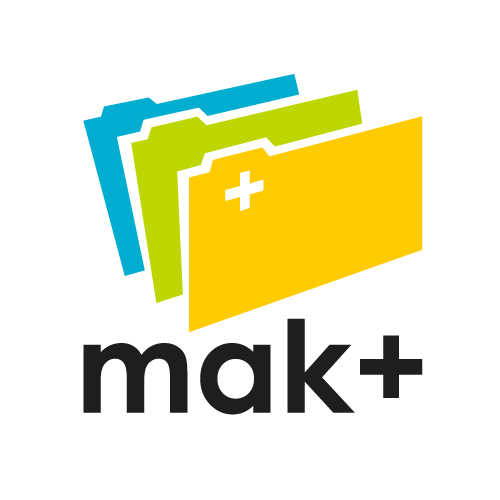 logotyp w postaci trzech kolorowych przekładek i napisu: mak+