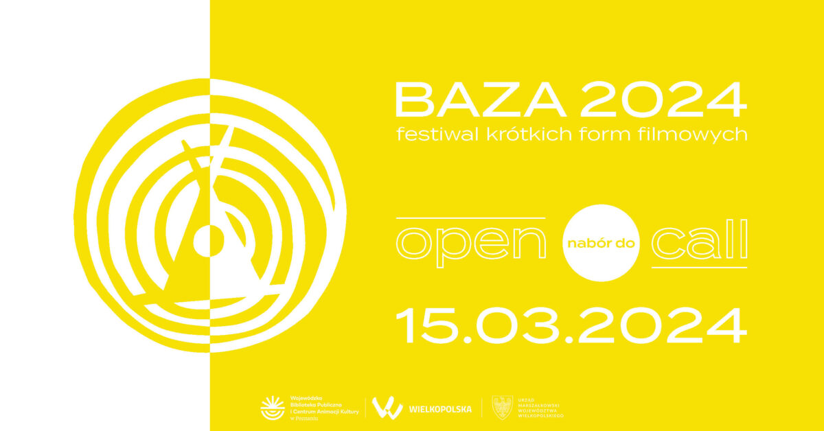 Z prawej strony grafiki jednolite, żółte tło. Po lewej strony umieszczono logo festiwalu BAZA. Napisy: BAZA 2024, festiwal krótkich form filmowych, open call, nabór do 15.03.2024.