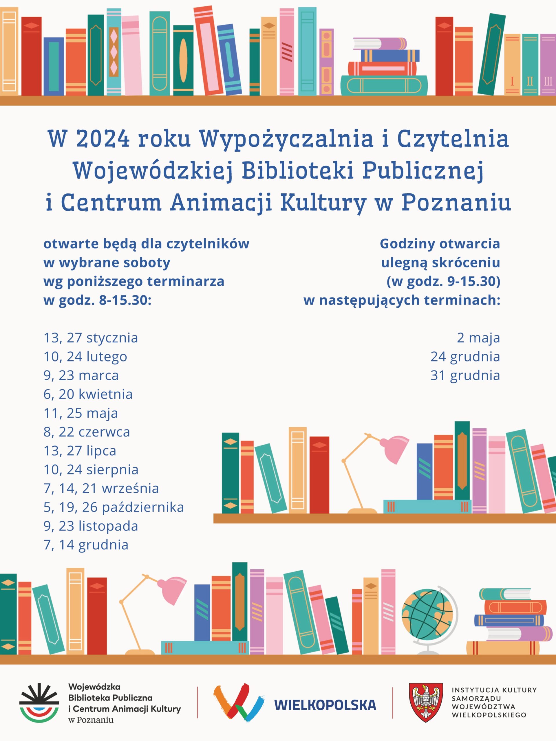 Plakat informujący o pracujących sobotach w bibliotece, grafika przedstawia kolorowe książki stojące na półkach