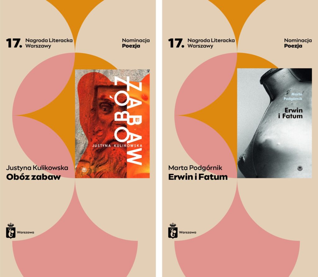 kolorowe grafiki, na których umieszczono okładki książek i napisy: 17 Nagroda Literacka Warszawy Nominacja Poezja