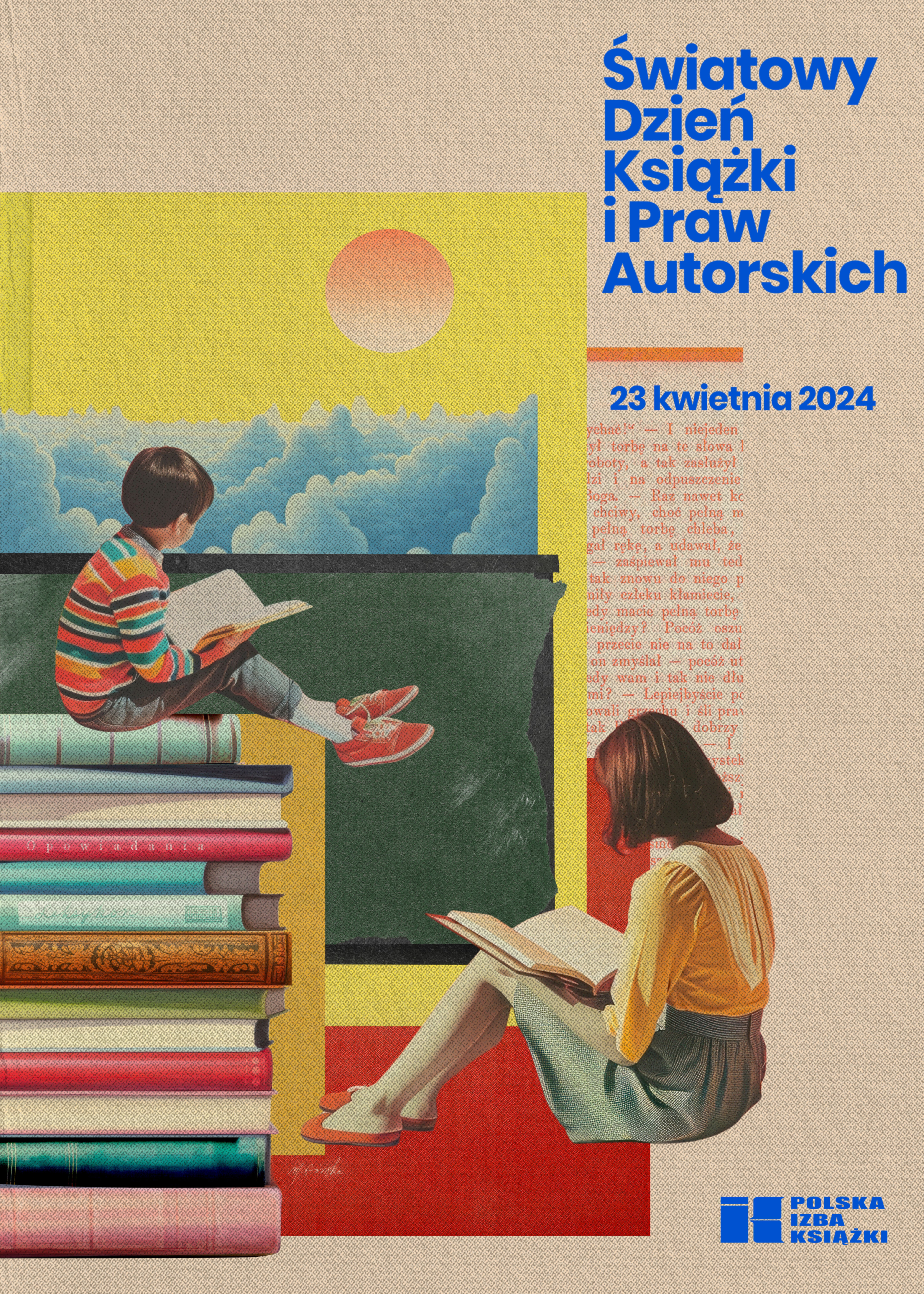 plakat promujący Światowy Dzień Książki i Praw Autorskich przedstawiający dziewczynkę i chłopca czytających książki