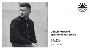 Biały plakat z czarno-białym portretem pisarza